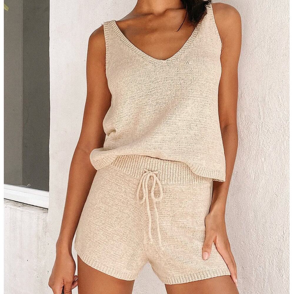 SAGE THE LABEL Lady Knit Tank Drawstring Short Set Beige XS Small